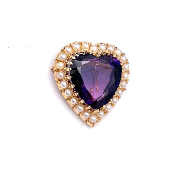 Large Amethyst and Pearl Heart Brooch