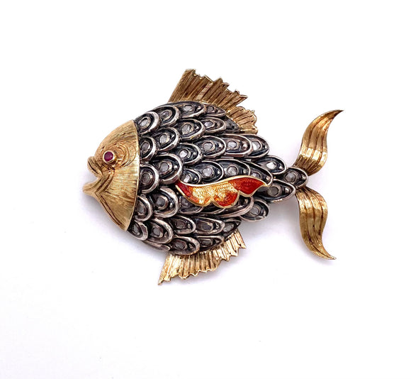 Vintage Fish Brooch 18K gold and Enamel